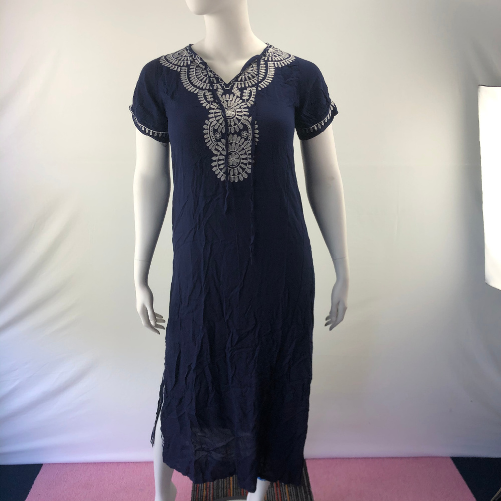Navy Blue V Neck Floral Shift Long Casual Dress